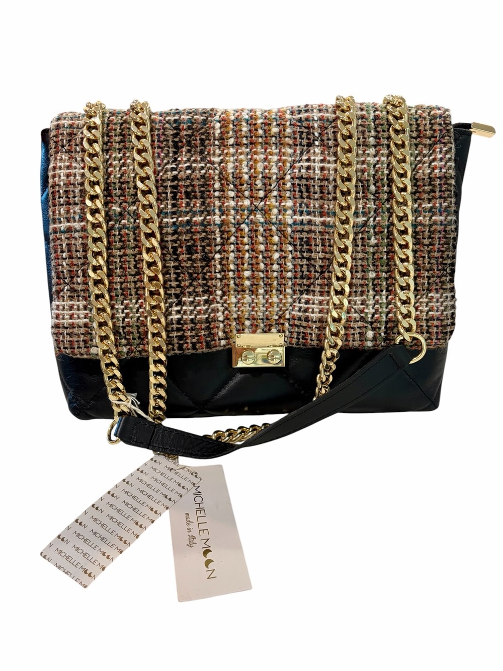 Michelle Moon Quilted Leather And  Multi color Tweed Crossbody Shoulder Bag NWT